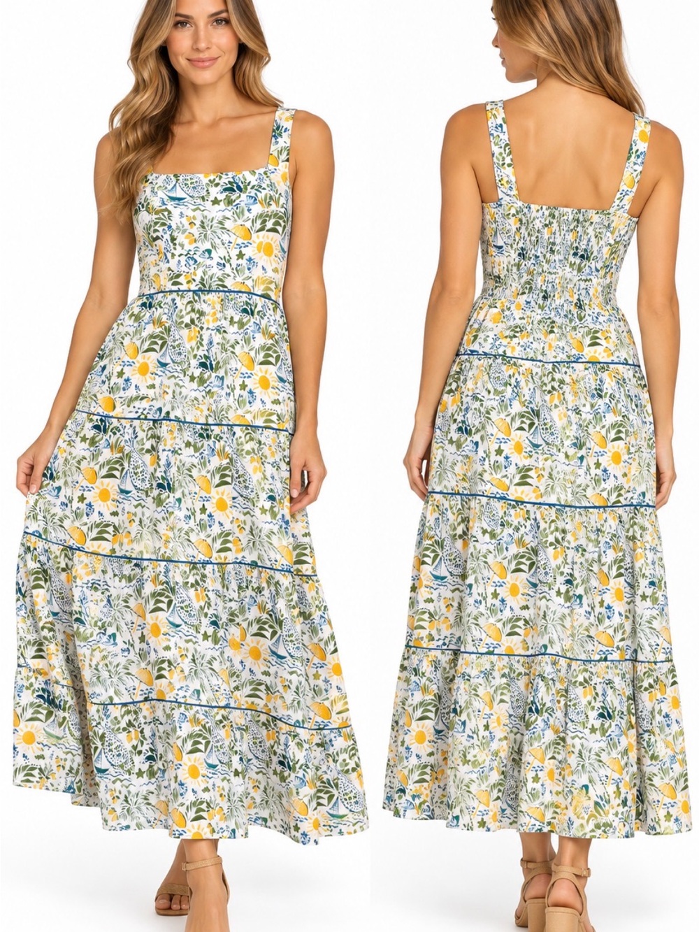CeCe NWT Linen Blend Floral Tiered Maxi Dress M Cottagecore